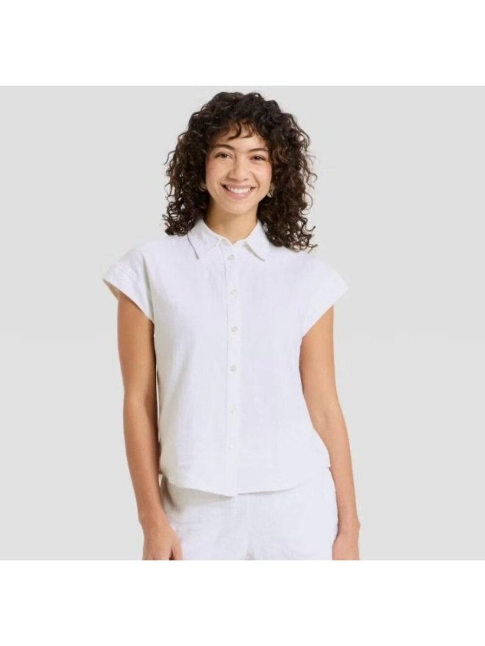 A New Day Women's White Linen Blend Button-Up Cap Sleeve Top READ Large